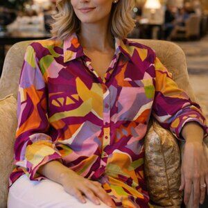 True Destinations Multicolored Tropical Vacation Button-up Blouse Size M
